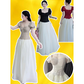  Đầm Váy công chúa đan dây eo & chân váy voan tơ bồng gợn sóng bo chun cổ vuông tay bồng bigsize dự tiệc cưới biển LARK 