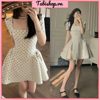 Đầm nữ cổ vuông nhún xếp ly eo hoạ tiết chấm bi TABISHOP Váy tiểu thư phong cách Hàn Quốc mặc đi tiệc đi chơi(188)