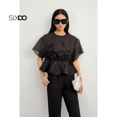 Áo tơ organza nhấn nơ SIXDO (Black Bowtie Organza Blouse)