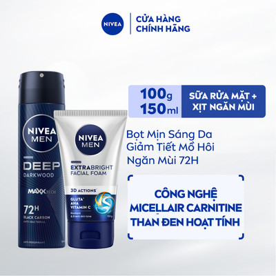 Bộ Đôi Xịt Ngăn Mùi NIVEA MEN Deep Than Đen Hoạt Tính (150 ml) + Sữa Rửa Mặt NIVEA MEN Bọt Mịn (100 g) - 80027+88836