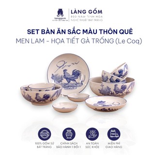 Bộ Bát Đĩa Gốm Sứ Men Lam Họa Tiết Gà Trống Vẽ Tay, Set Bàn Ăn Gia Đình 10-14 món - Gốm Sứ Xuất Khẩu Vhoreca