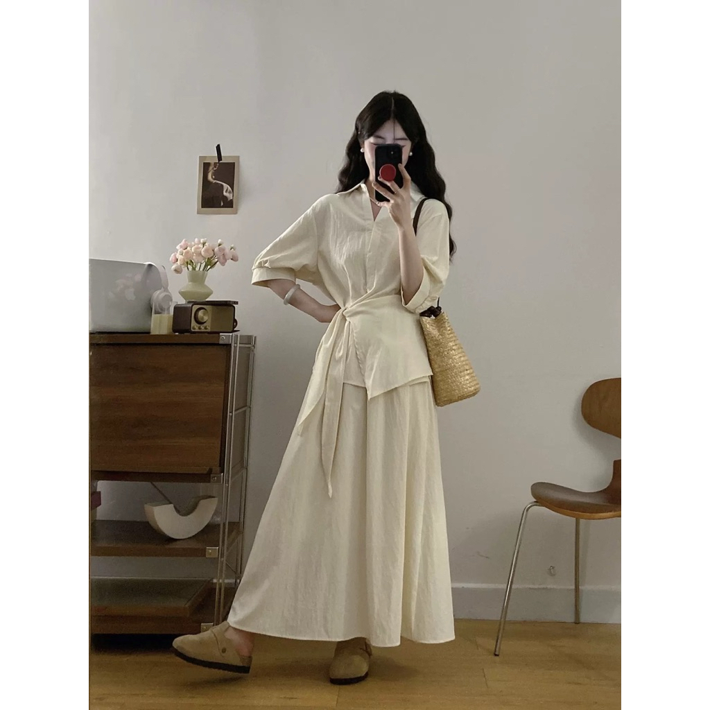 [𝐓𝐡𝐞̂𝐦 𝐦𝐚̀𝐮] Set thiết kế Shi Shang, áo sơ mi buộc nơ eo phối chân váy xoè có Bigsize | BigBuy360 - bigbuy360.vn