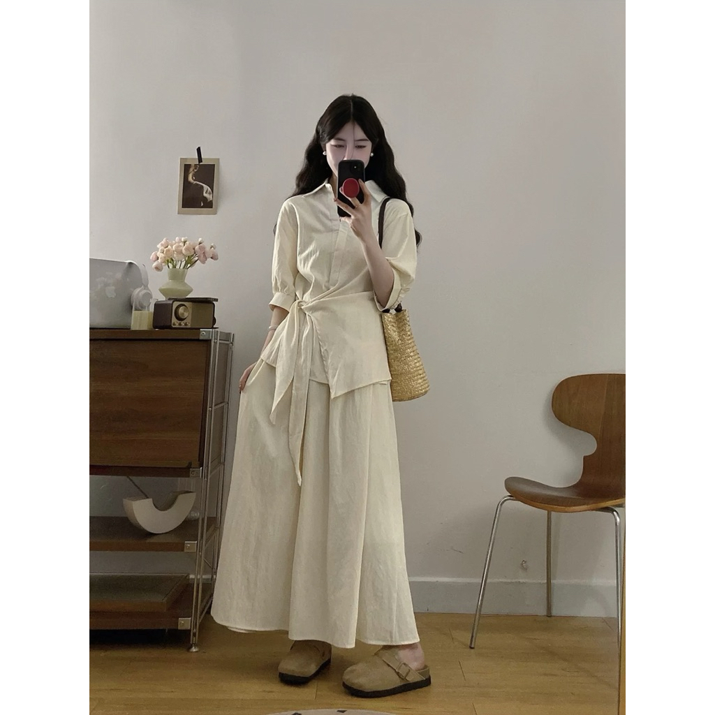 [𝐓𝐡𝐞̂𝐦 𝐦𝐚̀𝐮] Set thiết kế Shi Shang, áo sơ mi buộc nơ eo phối chân váy xoè có Bigsize | BigBuy360 - bigbuy360.vn