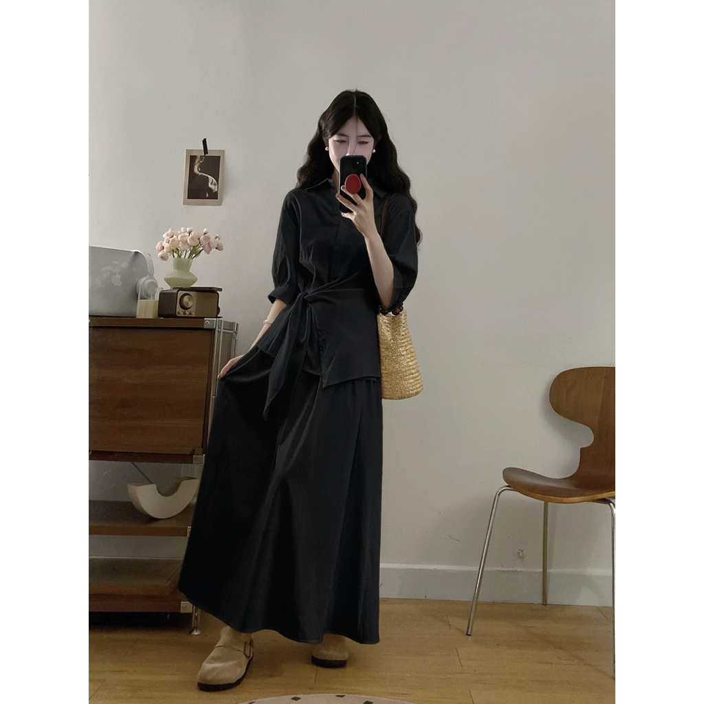 [𝐓𝐡𝐞̂𝐦 𝐦𝐚̀𝐮] Set thiết kế Shi Shang, áo sơ mi buộc nơ eo phối chân váy xoè có Bigsize | BigBuy360 - bigbuy360.vn