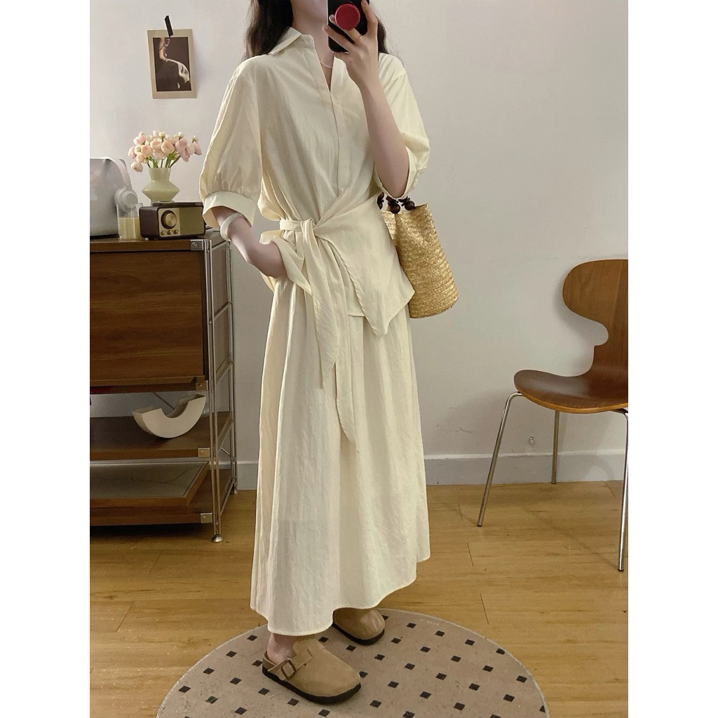 [𝐓𝐡𝐞̂𝐦 𝐦𝐚̀𝐮] Set thiết kế Shi Shang, áo sơ mi buộc nơ eo phối chân váy xoè có Bigsize | BigBuy360 - bigbuy360.vn