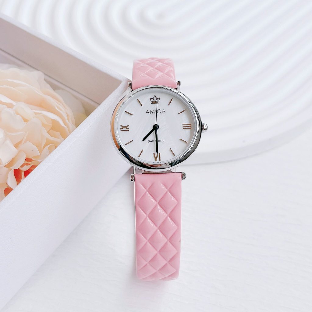 Đồng hồ nữ dây da Amica Quartz Pinky A018