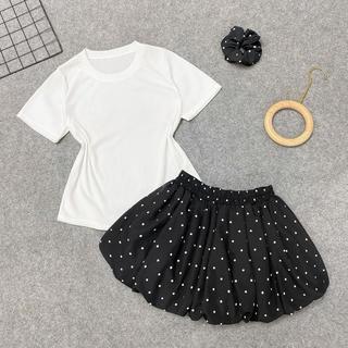  Set Bigsize Nữ Basic Áo Thun Cơ Bản Cổ Tròn Tay Ngắn Phối Chân Váy Bí Chấm Bi Có Quần Bảo Hộ - SET G244+CV423  
