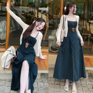 (SHOP BIGSIZE NỮ 50KG ĐẾN 90KG) set đầm jean xanh đen dáng dài kèm khoác thun gân màu kem mặc chụp hình, mùa hè dạo biển