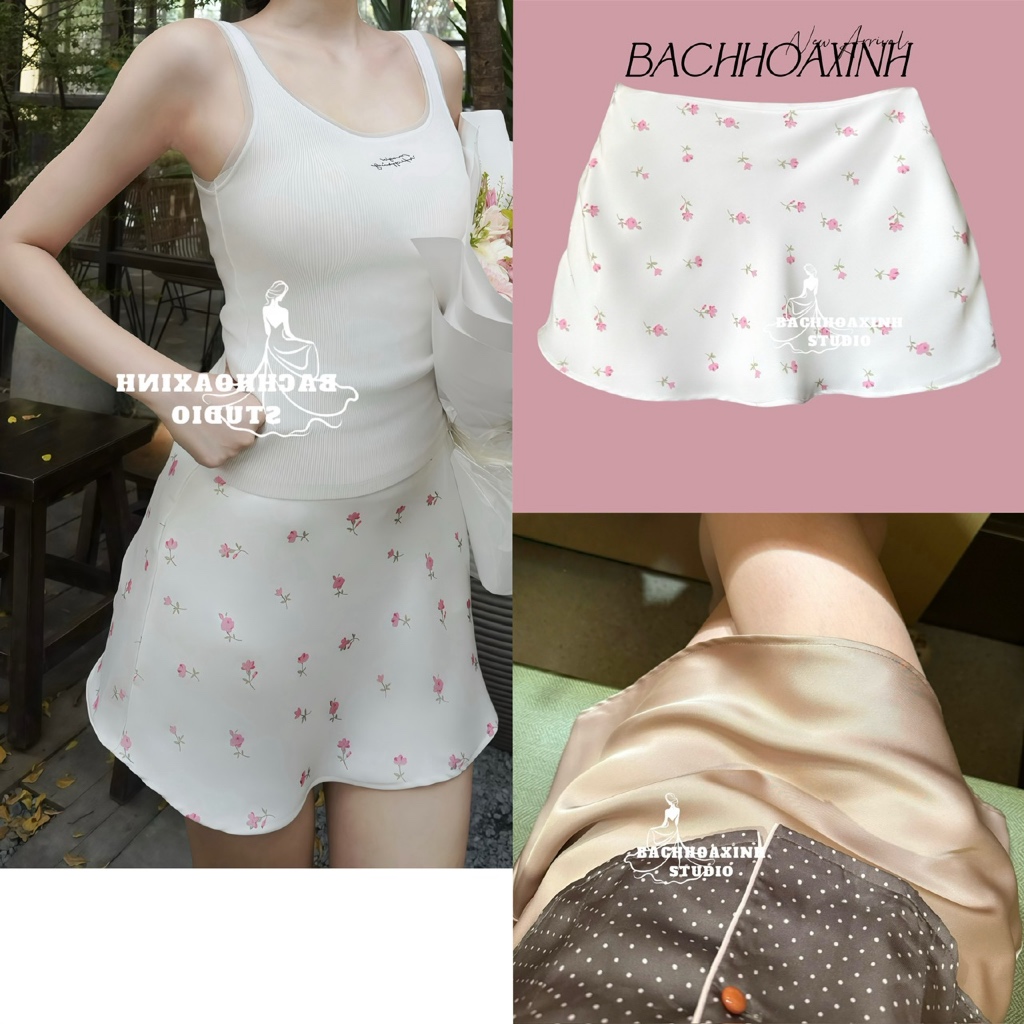  Chân Váy Lụa Hoa Nhí 2 Lớp Có Quần Bên Trong – Dáng A Xoè Khóa Hông Tôn Dáng Basic Nhẹ Nhàng 