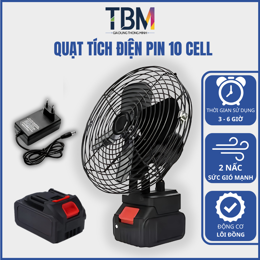 Quạt Tích Điện Pin 10 Cell Quạt Lồng Sắt 2 Cấp Độ Gió, Quạt Để Bàn Dùng Liên Tục 4 - 5 Giờ