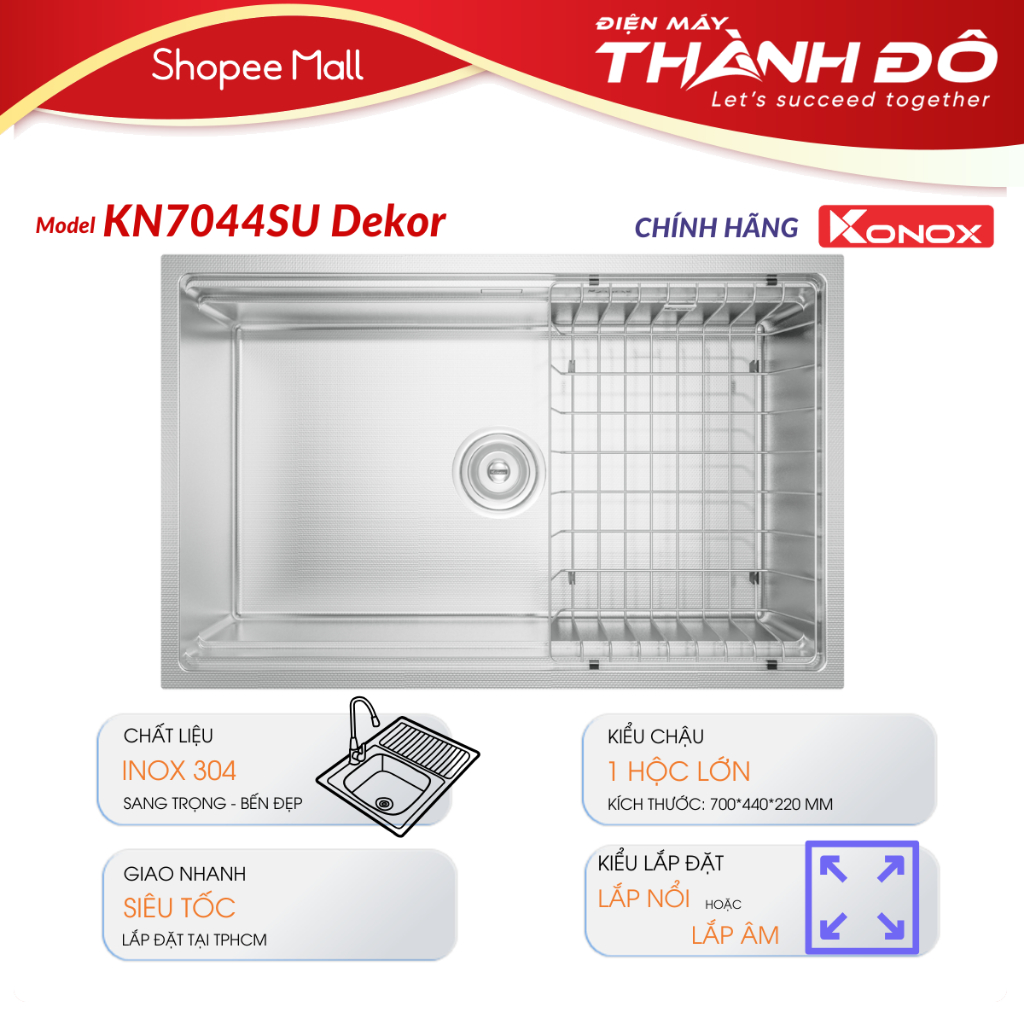 [CHÍNH HÃNG] [Kèm giá úp bát inox] Chậu rửa bát chống xước Workstation Sink KONOX KN7044SU Dekor