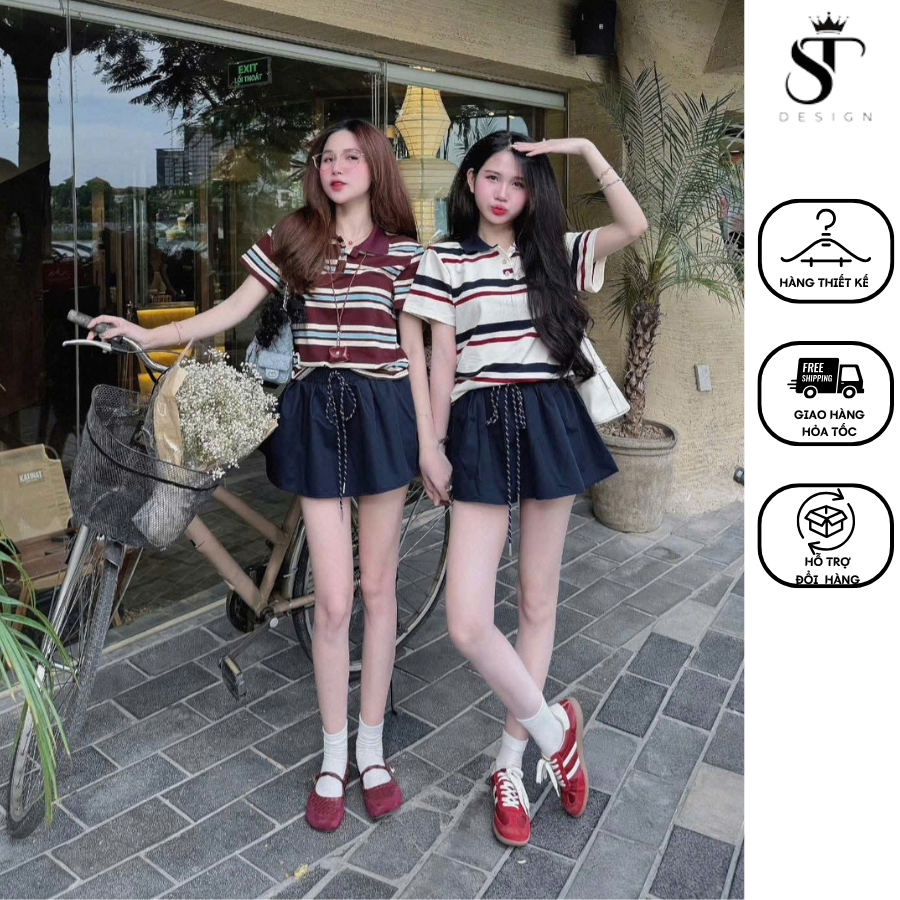  Set áo polo kẻ trend + chân váy xanh than dáng xòe hàng QC cao cấp - ST Design 
