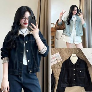  Áo khoác Jean nữ Dáng Ngắn MIAA form rộng FREESIZE Croptop cổ bẻ phối kẻ Caro màu Xanh Đen 