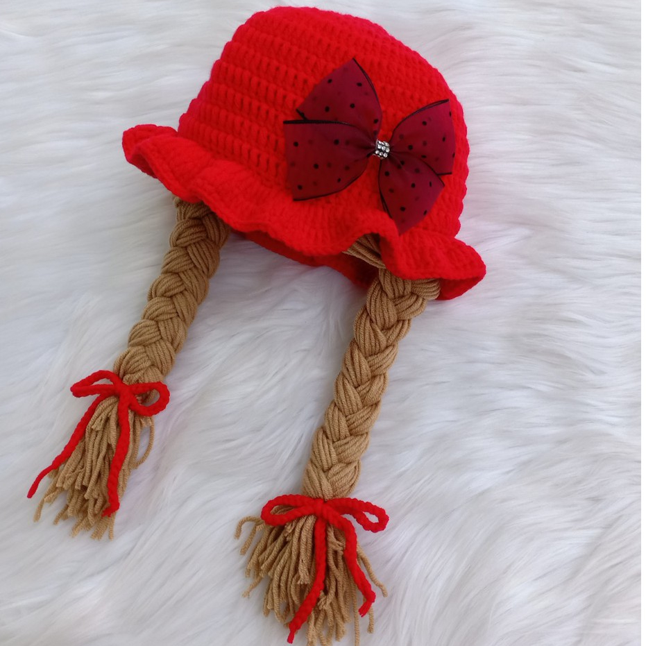 Nón len tông đỏ có 2 bím tóc cho bé gái - Dương liễu handmade
