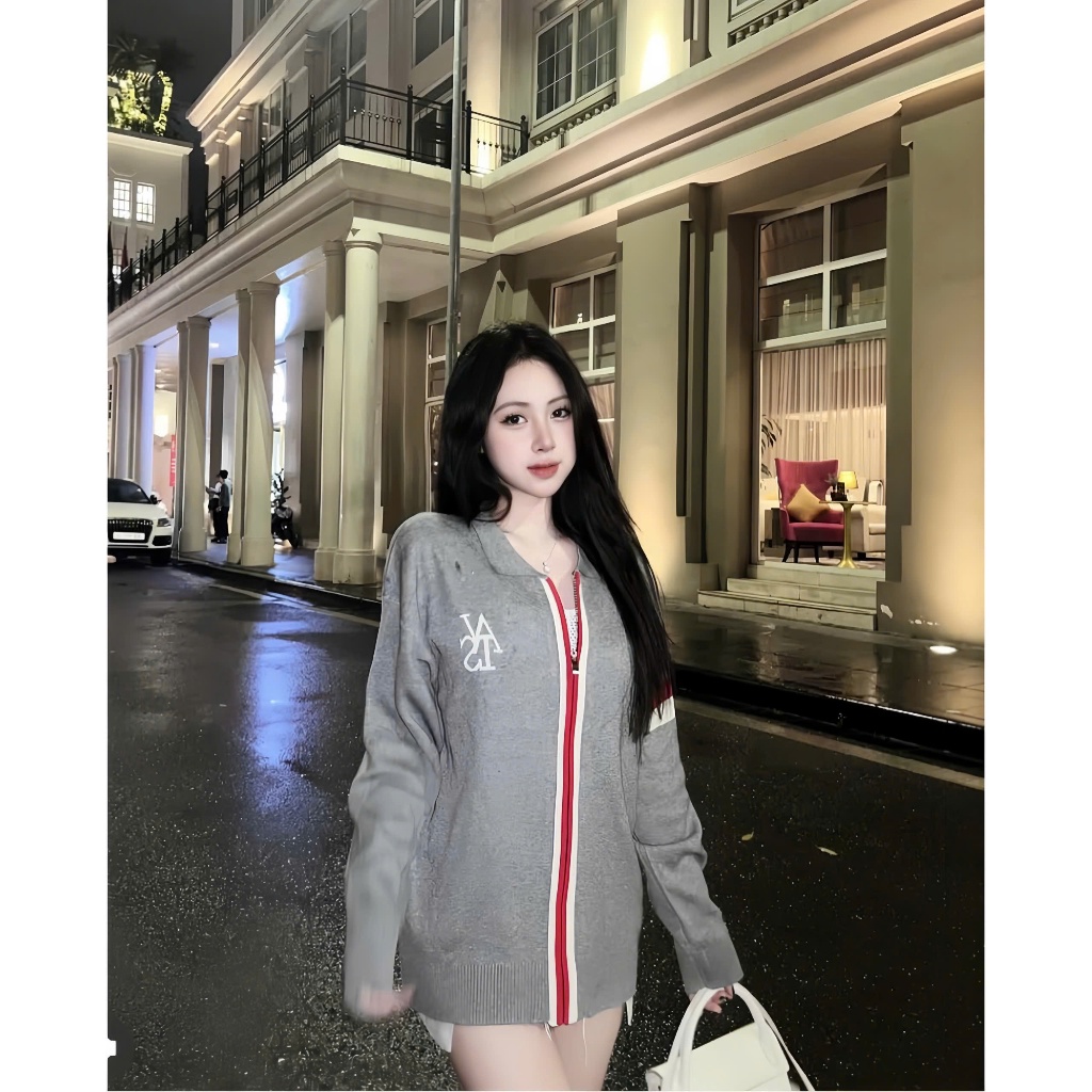 Áo khoác cardigan len xám form rộng viền kẻ T31 | BigBuy360 - bigbuy360.vn