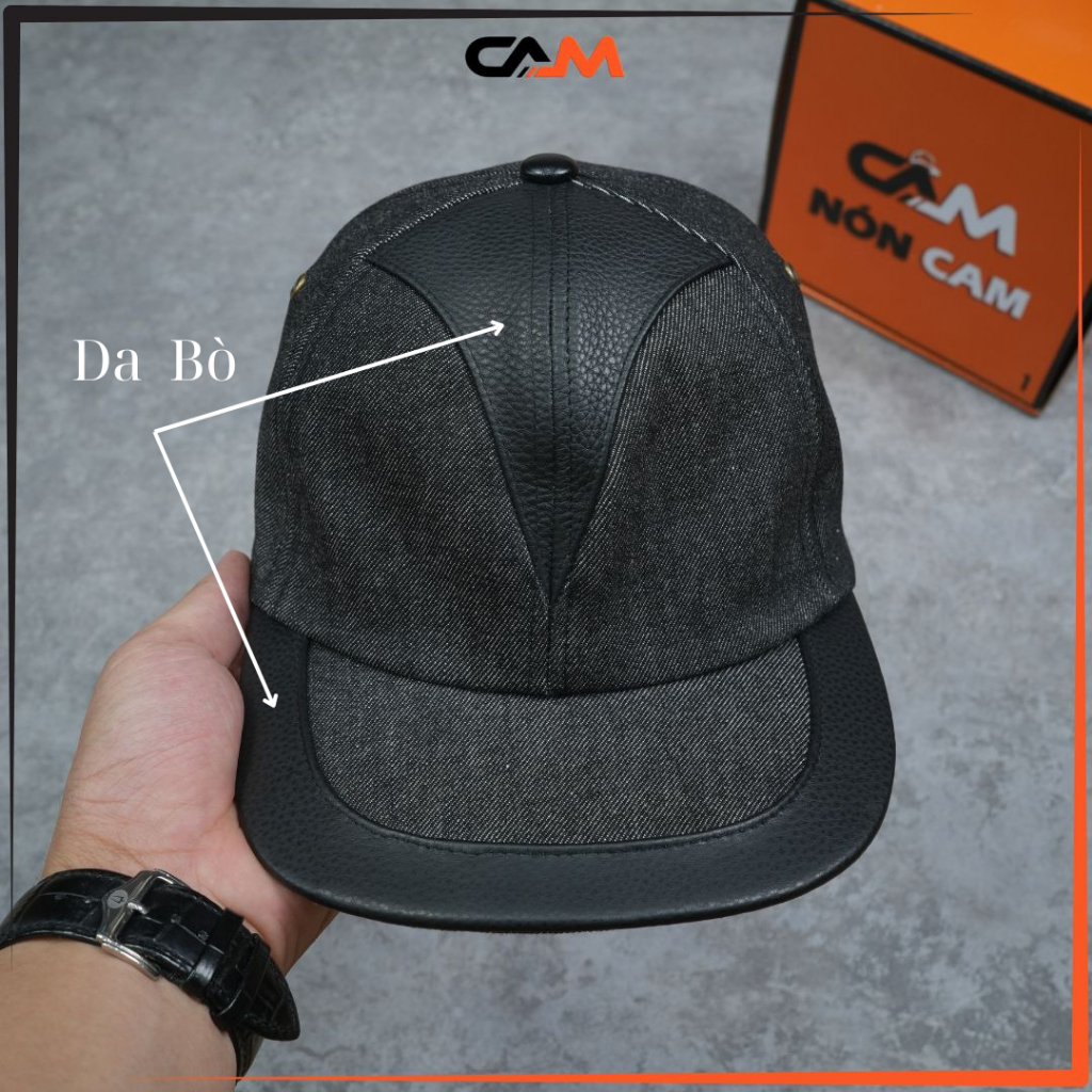 Mũ Snapback CAM-CDC NÓN CAM DA THẬT viền da, chóp da chéo