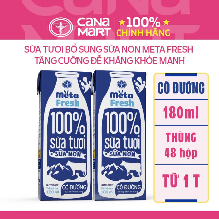 Thùng 48 hộp sữa tươi Nutricare Meta Fresh Có Đường sữa non tăng cường miễn dịch (180ml)