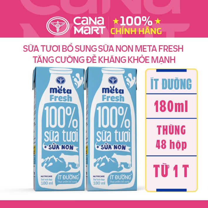 Thùng 48 hộp sữa tươi Nutricare Meta Fresh Ít Đường sữa non tăng cường miễn dịch
