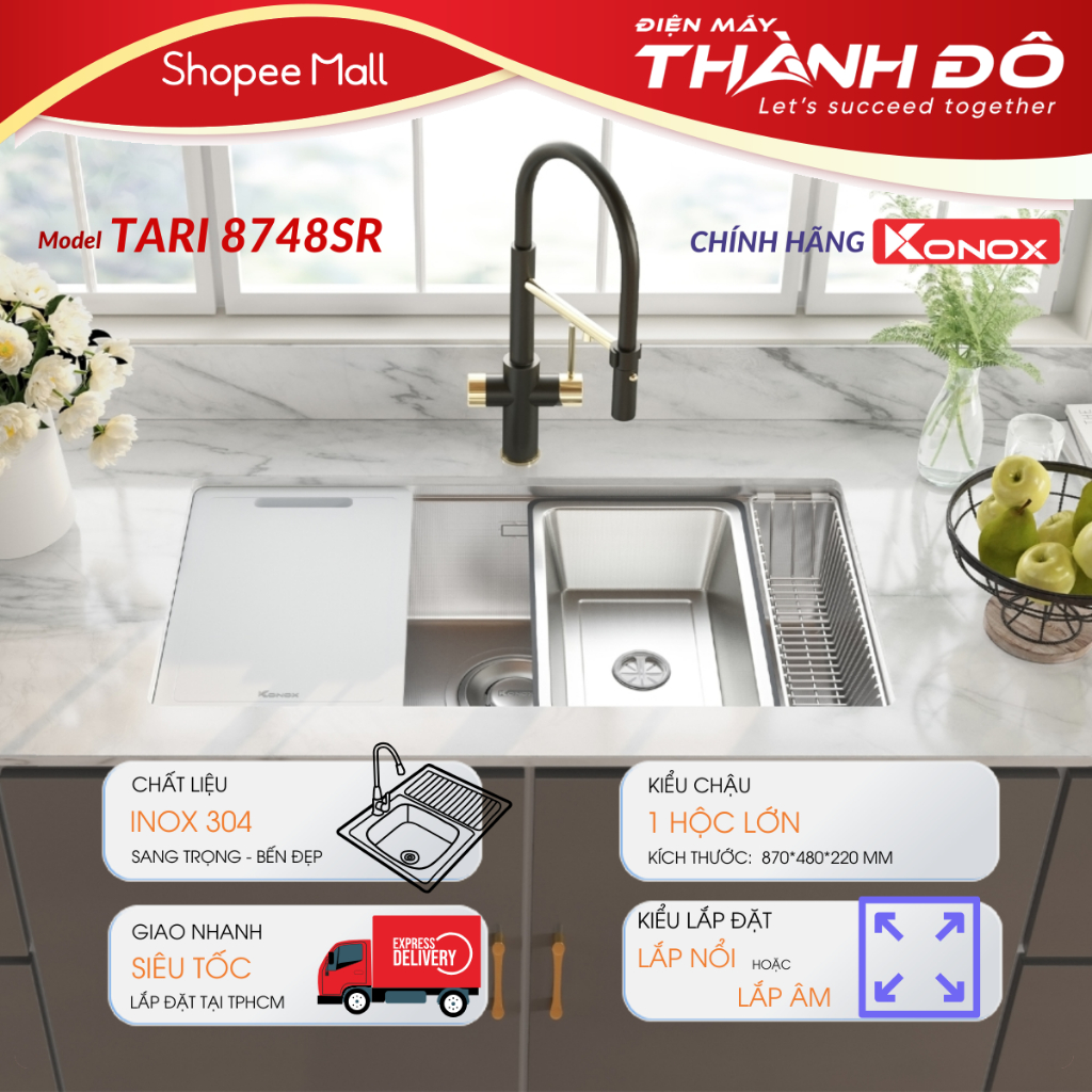 [CHÍNH HÃNG] [Kèm chậu rửa nhỏ+ thớt + rổ phụ] Chậu rửa bát chống xước phong cách Nhật KONOX TARI 87