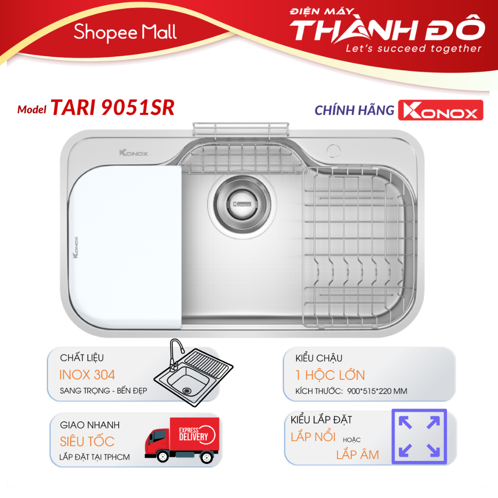 [CHÍNH HÃNG] [Kèm giá úp bát inox + thớt + rổ phụ] Chậu rửa bát chống xước phong cách Nhật KONOX TAR