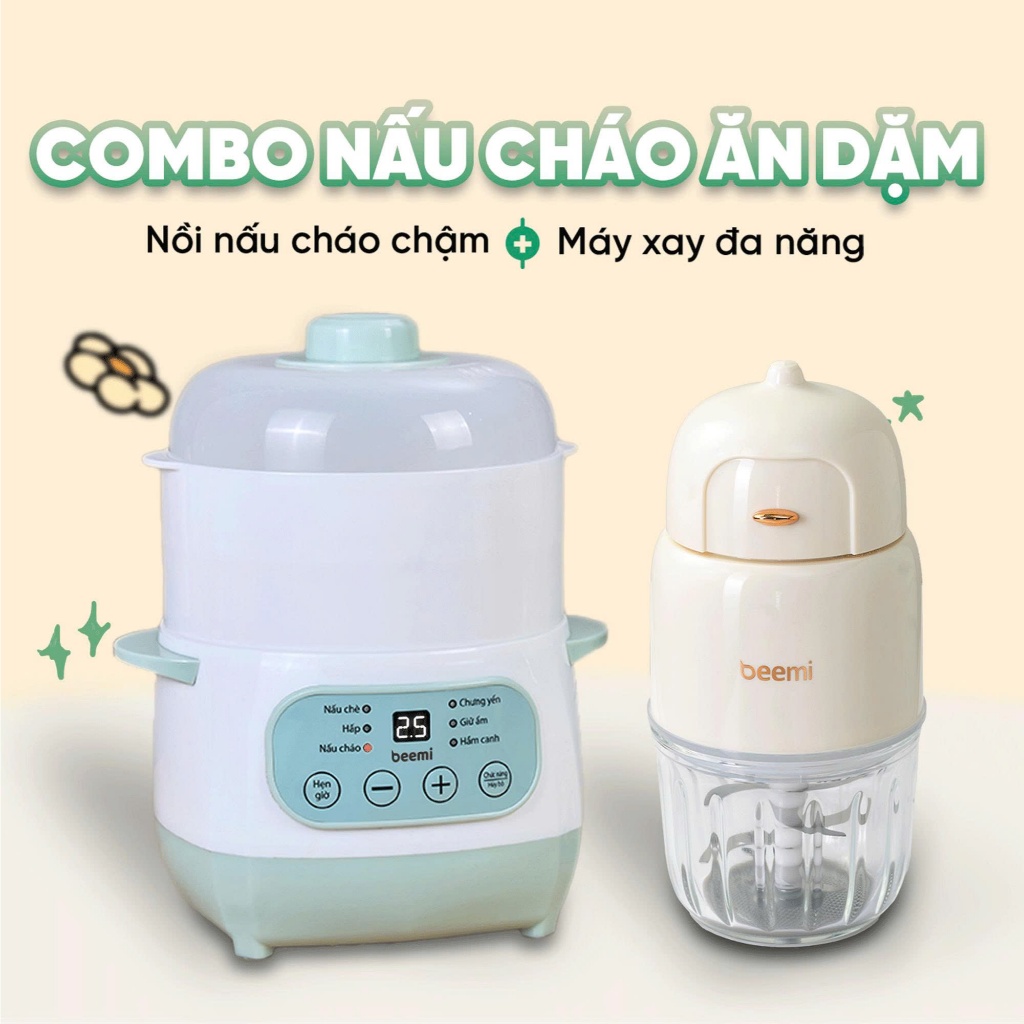 (TẶNG XỬNG HẤP) Combo nồi nấu cháo chậm 1L Beemi và máy xay ăn dặm 8L cao cấp, nồi nấu cháo cho bé kèm xửng hấp