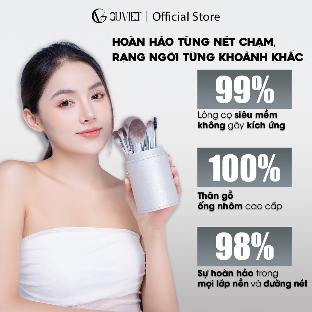 Bộ cọ trang điểm cá nhân GUVIET set 14 cây màu xám bạc có bao da (cốc) | BigBuy360 - bigbuy360.vn