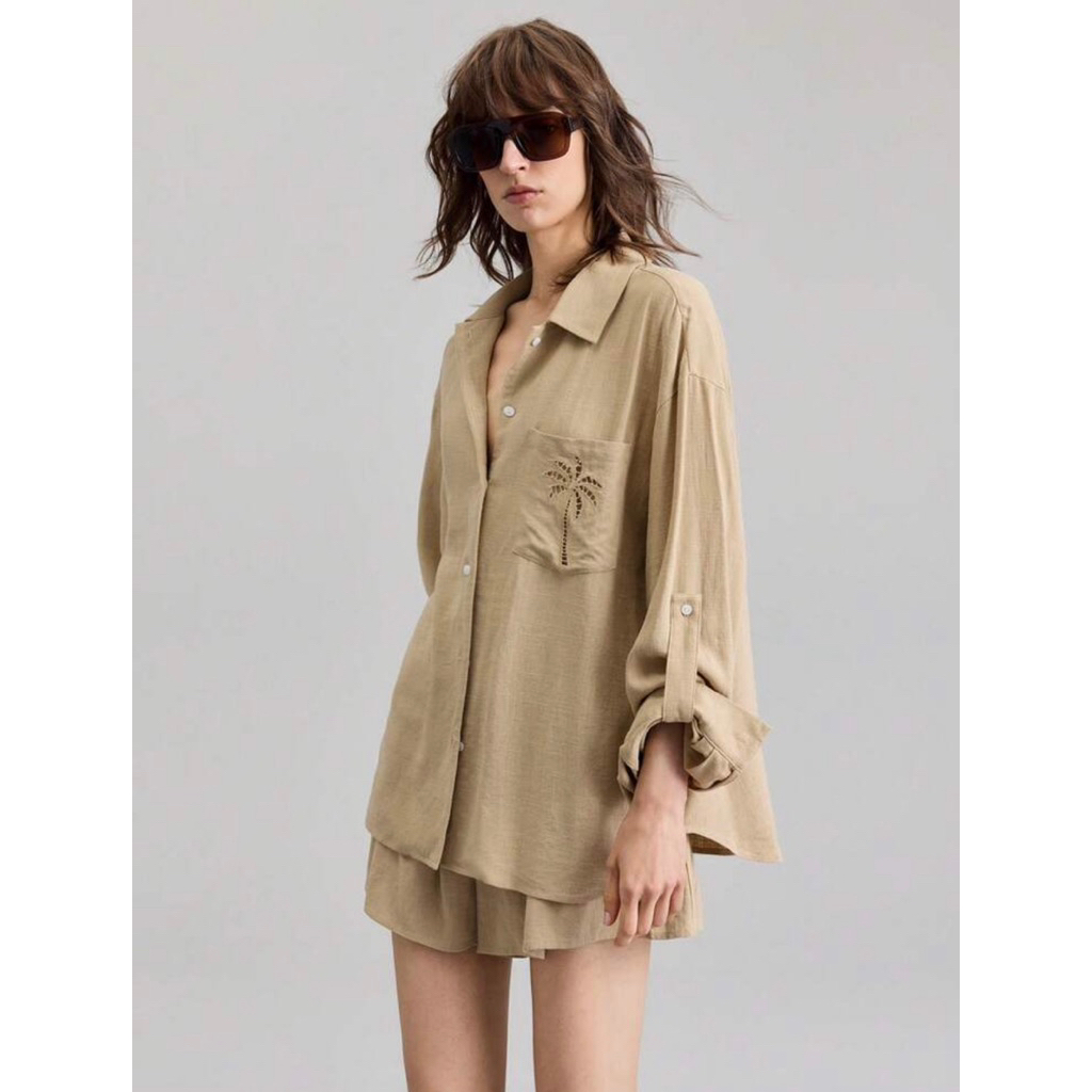 Set bộ áo sơ mi,quần váy nữ chất linen hãng Ontre She In Newtag