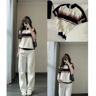 Áo Len Nữ, Áo Len cổ bo nửa khoá tay ngắn form Hàn Quốc - Áo phông sọc kẻ thời trang năng động U10