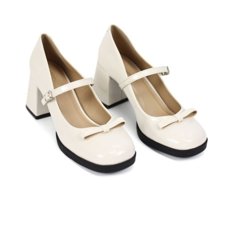 Giày cao gót nữ Da Bóng Mũi Nơ đế vuông 7p bản full hàng cao cấp