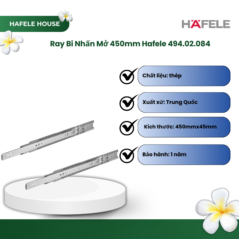 Ray Bi Nhấn Mở 450mm Hafele 494.02.084, Ray bi 3 tầng dành cho hộc tủ kéo - HHS