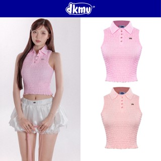 Áo ba lỗ nữ cổ polo hoạ tiết nhún DKMV thiết kế logo cá inox phối nút cài cổ màu hồng, cam dễ thương Yei Top | K-T33