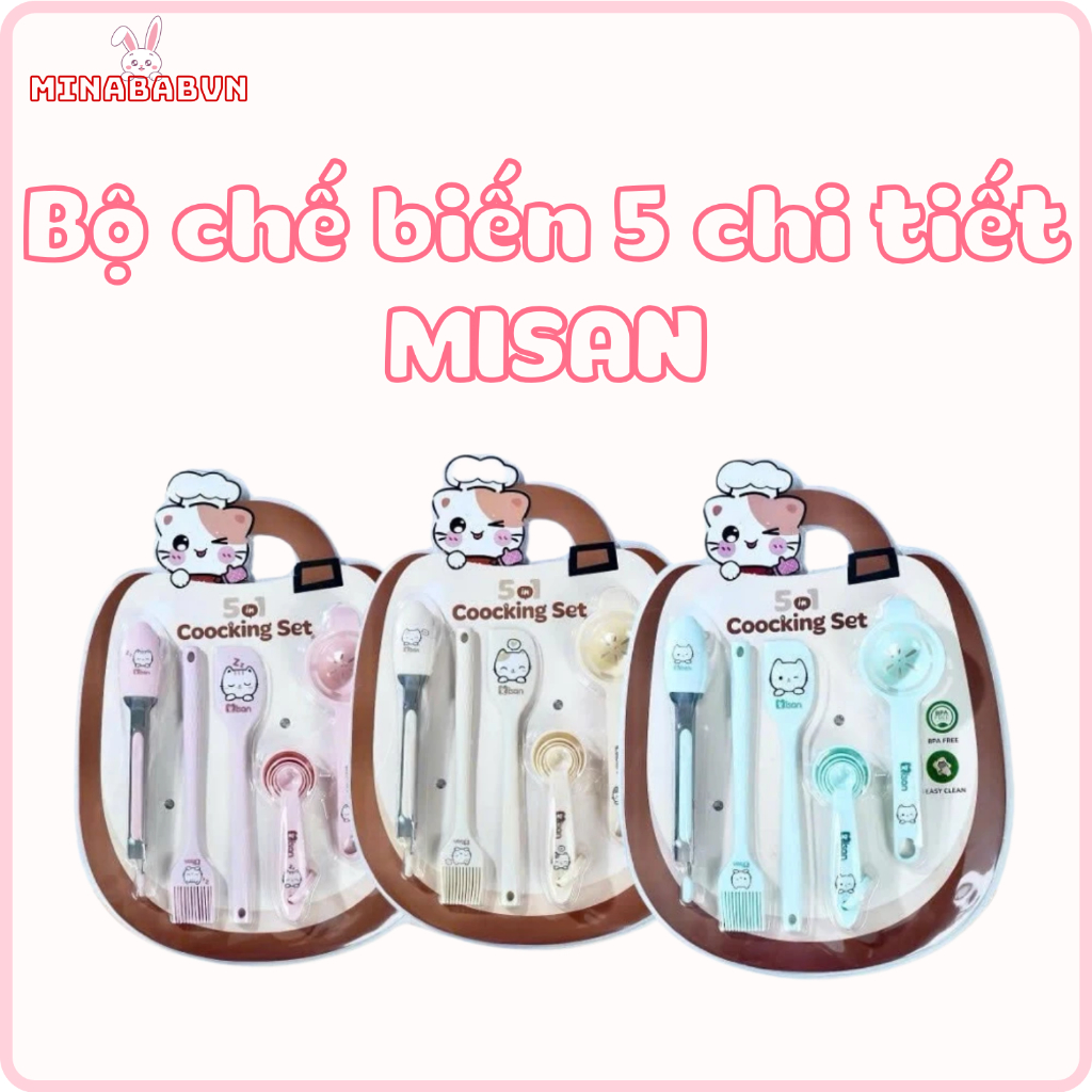 Bộ dụng cụ nấu ăn dặm Misan 5 món cho bé, Bộ chế biến chất liệu silicon cao cấp chịu nhiệt