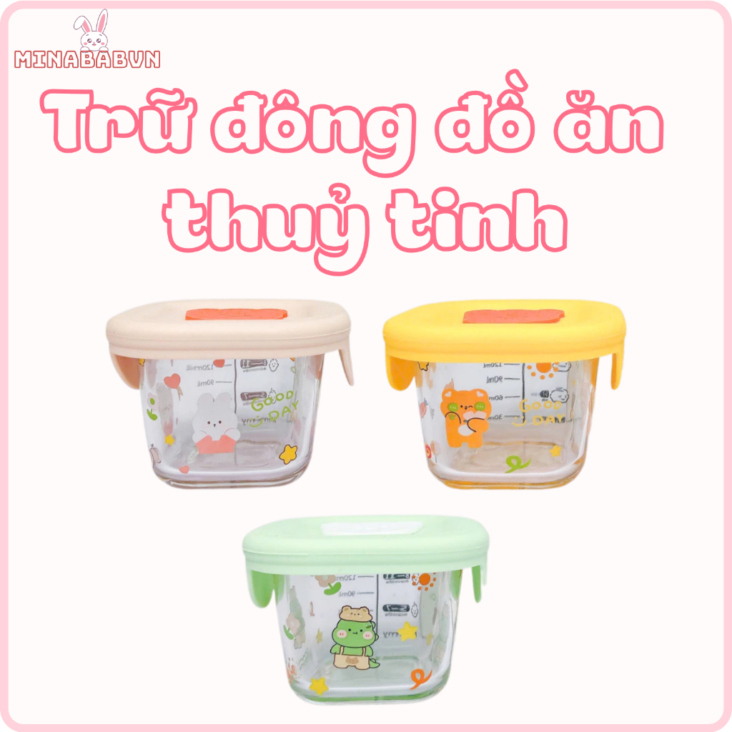 Hộp Trữ Đông Thủy Tinh Gấu Cho Bé Có Nắp Và Vạch Chia Ml, Hũ Trữ Đông Đồ Ăn Dặm Dung Tích 180ML