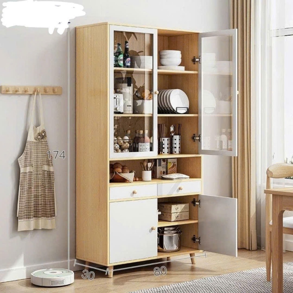 Tủ Gỗ Đa Năng Cửa Kính 80cm, Tủ Decor Phòng Khách, Nhà Bếp Màu Trắng