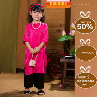 Áo dài cách tân cổ ngọc nơ cho bé gái, sét áo dài chất vải gấm quần lụa mặc tết 2025 size đại 43kg DA01 - BEEKIDS