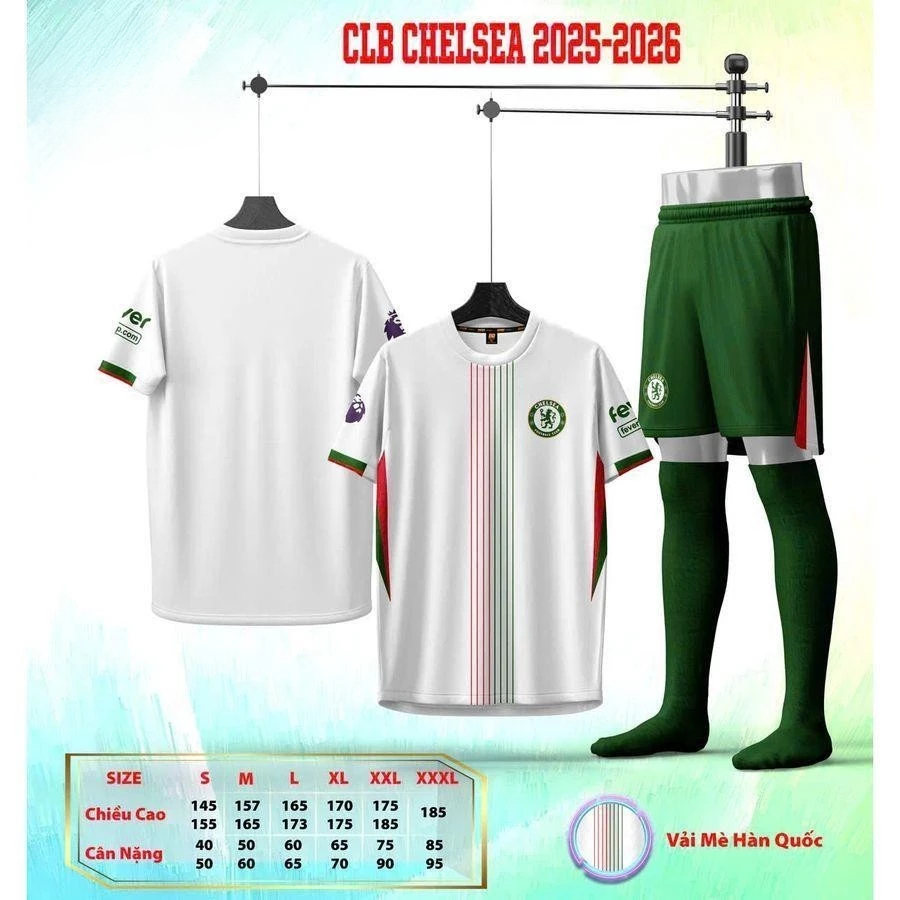Quần Áo Bóng Đá CLB Chelsea Trắng Mùa 2025 2026 Vải Thun Mè Hàn Quốc, Thoáng Mát Thoáng Khí Logo Thê