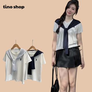  Áo phông thủy thủ tay lỡ áo thun thêu logo ngựa phối khăn choàng chất liệu cotton co giãn tiểu thư 