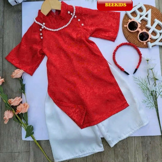  Sét Áo Dài Tết Cho Bé Gái Áo Gấm + Quần Lụa Bờm Băng Đô  Mấn Cài Tóc Cho Bé Gái Mặc Áo Dài DA03 - BEEKIDS 