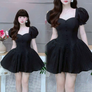 Váy tiểu thư tay bồng dọc cúc phối ly bên bồng bềnh