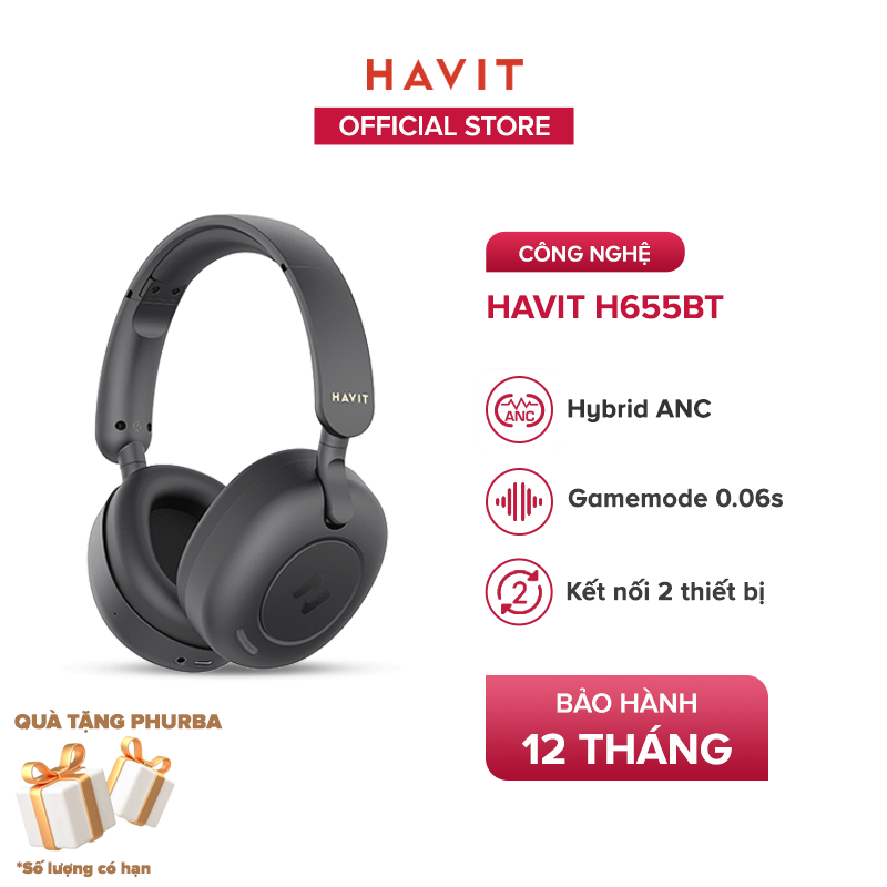 [Tặng quà Phurba] Tai Nghe Headphone HAVIT H655BT, Bluetooth 5.3, Chống Ồn ANC, Nghe Đến 65H - Hàng 