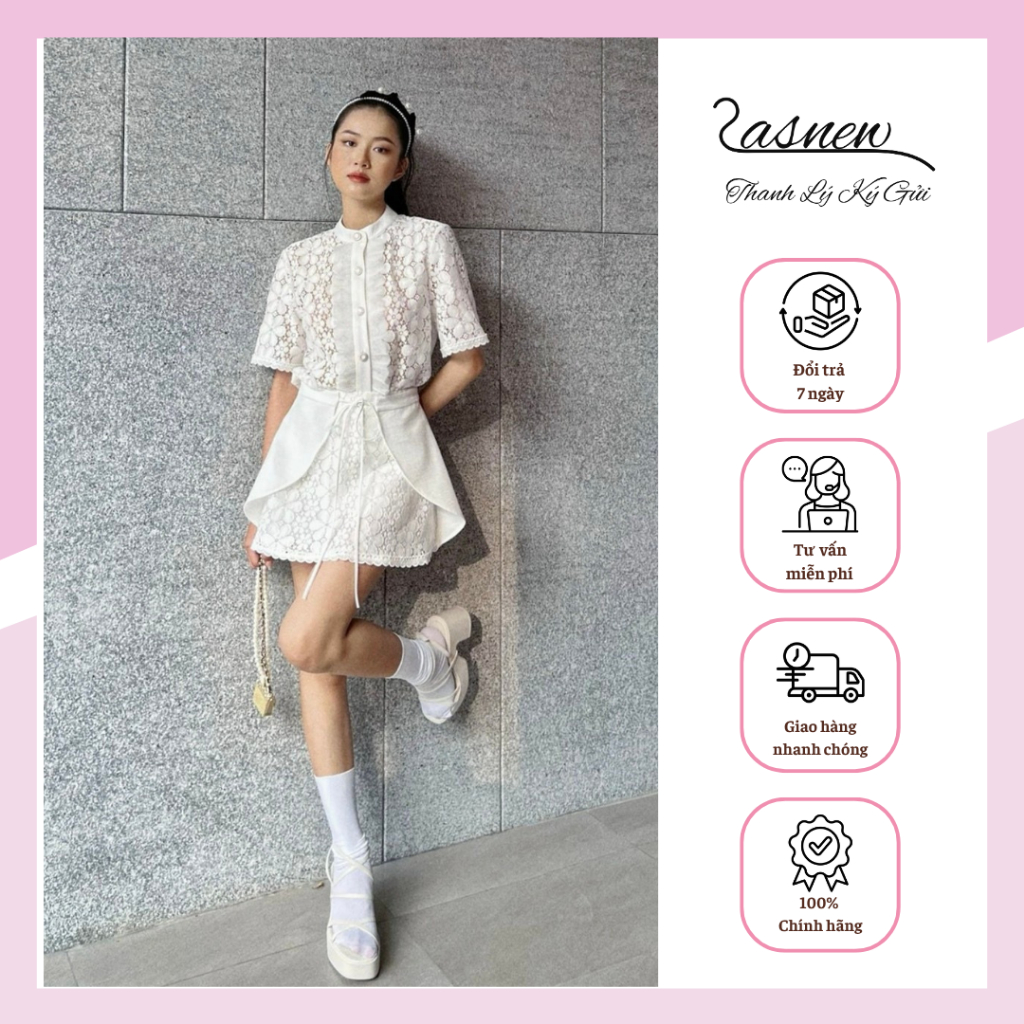 [THANH LÝ] Set áo kiểu cổ tròn tay lửng và chân váy ngắn màu trắng ELPIS CLOTHING thanh lịch