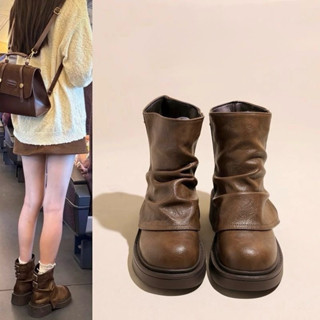 (Sẵn Hàng) Giày bốt Martin Nâu đen đế bệt nữ phong cách Maillard