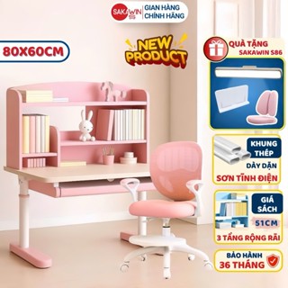 Bàn học chống gù cho bé Sakawin BV08 Nâng hạ chiều cao bằng tay quay Cốt gỗ cao cấp Giá sách 3 tầng rộng rãi
