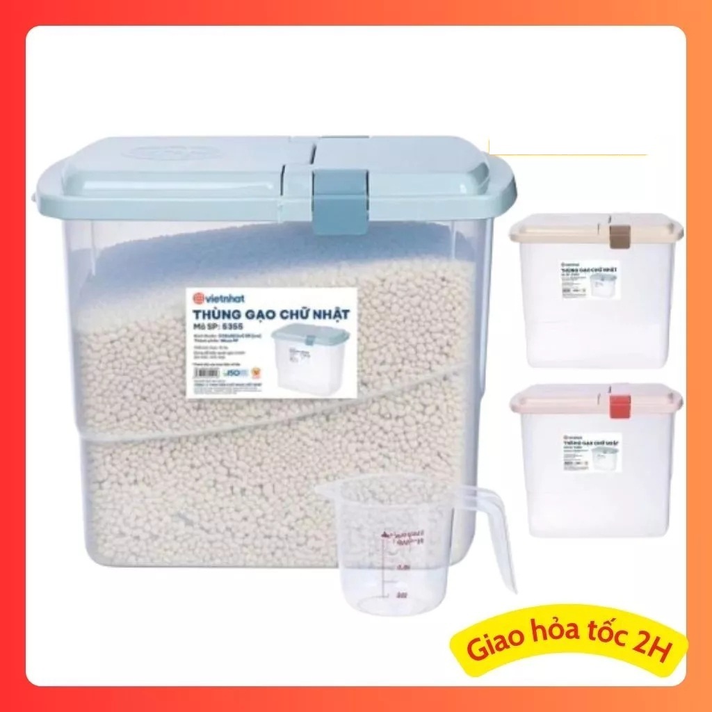 Thùng Đựng Gạo 15Kg Có Nắp, Hộp Đựng Gạo, Đồ Khô ViệtNhật 5355 chống côn trùng kèm ca đong 44.5