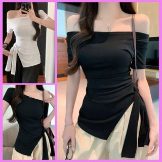 [CÓ SIZE] Áo Trễ Vai Ngắn Tay Thắt Eo Tiểu Thư RANSHI Thiết Kế Vạt Lệch Ôm Dáng Phong Cách Hàn Quốc - RA313