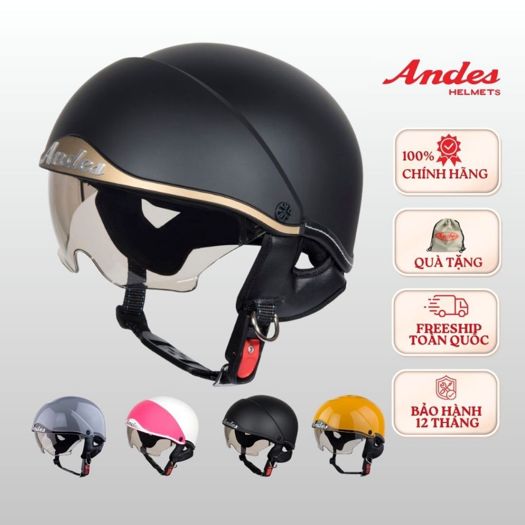Mũ bảo hiểm nửa đầu Andes 139 có kính âm che mặt, bảo hành 12 tháng chính hãng