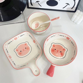 Set Bát Đĩa Sứ Lợn Hồng 4 Món ( 1 Chảo + 1 Đĩa + Bát Con + Thìa)