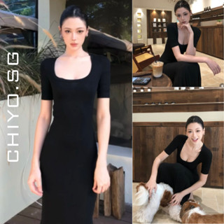  Đầm thun ôm body cổ chữ u tay lửng dáng dài CHIYO.SG có đệm vai xẻ tà sau basic sang chảnh D419 