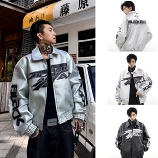 Áo Khoác Nam Da Bạc Dáng Bomber Phong Cách Racing Boy Phối Black Air Chữ Nổi
