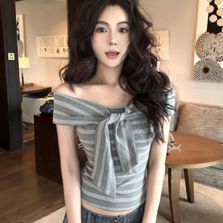 Oni.Shop_ [SẴN GIAO LUÔN] Áo Kiểu Trễ Vai Màu Xám Mặc 2 Kiểu Thắt Nơ Điệu Siêu Xinh Loại 1